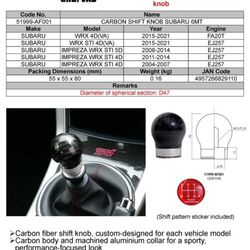 Alternative view of HKS 15-21 Subaru WRX STI 6MT Carbon Shift Knob