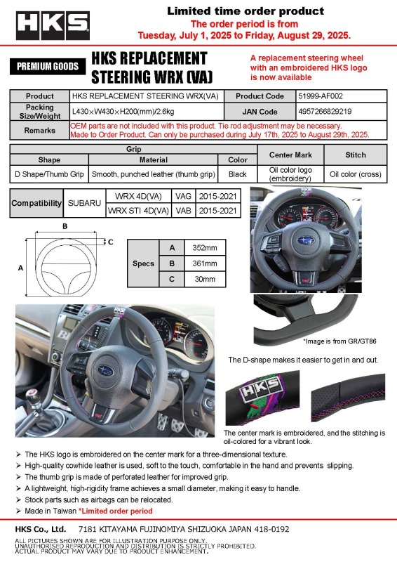 HKS Subaru WRX STI VAB Replacement Steering Wheel - Image 2