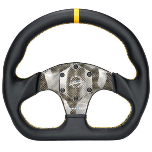 NRG Carbon Fiber Flat Bottom Steering Wheel (320mm) Yellow CF Center w/Yellow Stitch/Yellow Mark - Image 2
