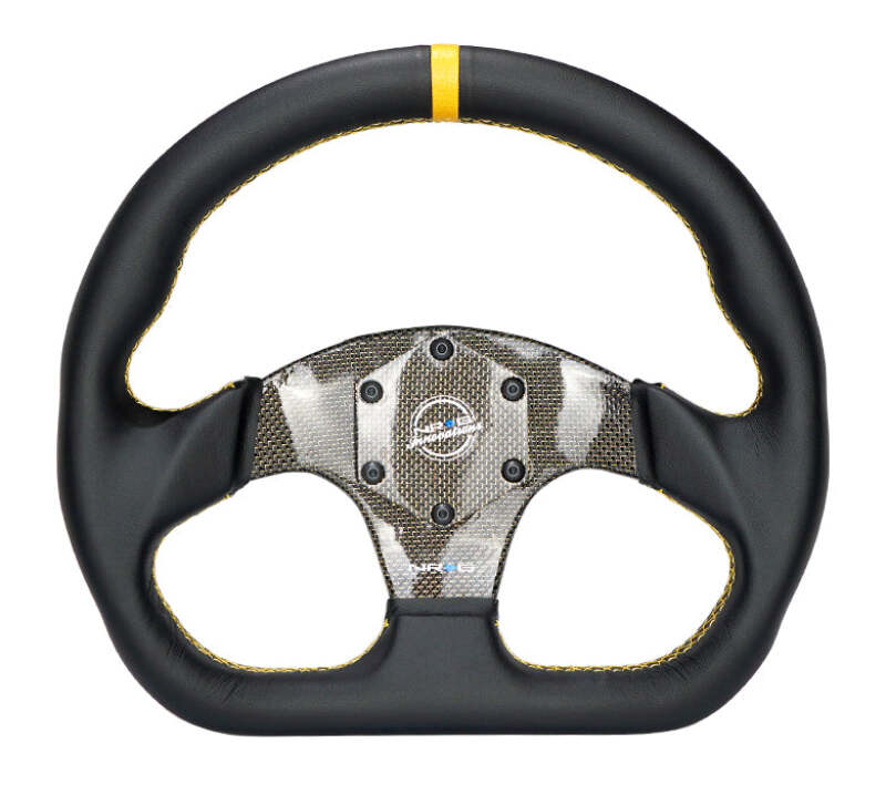 NRG Carbon Fiber Flat Bottom Steering Wheel (320mm) Yellow CF Center w/Yellow Stitch/Yellow Mark - Image 2