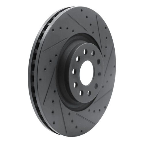 Alternative view of R1 Concepts for 2022+ Volkswagen GTI Mk 8 Front Right Drilled & Slotted Black Brake Rotor