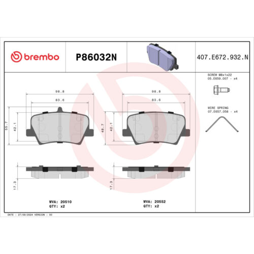 Brembo OE P86032N 19-24 Volvo XC40 PRIME Ceramic Brake Pad - Rear