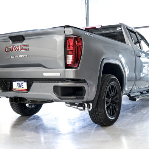 Alternative view of AWE Tuning 4th Gen GM 1500 5.3L 0FG Cat-Back Dual Side Exit (Flat Bumper) - Chrome Tips