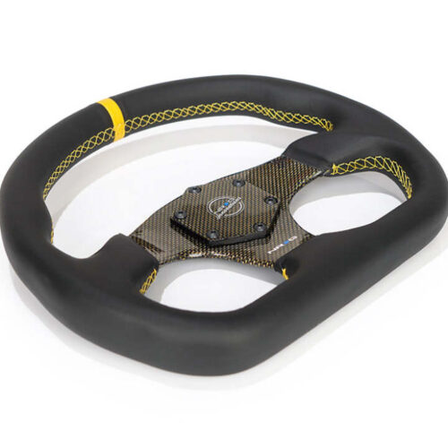 NRG Carbon Fiber Flat Bottom Steering Wheel (320mm) Yellow CF Center w/Yellow Stitch/Yellow Mark - Image 3