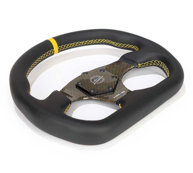 NRG Carbon Fiber Flat Bottom Steering Wheel (320mm) Yellow CF Center w/Yellow Stitch/Yellow Mark - Image 3