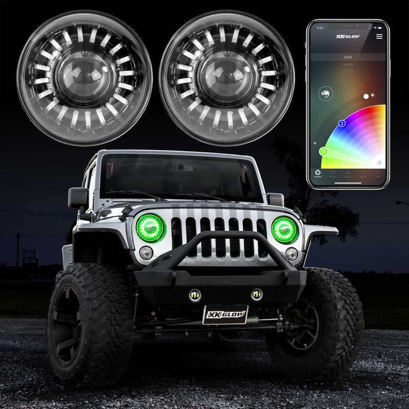 XK Glow 2pc 7in RGB LED Jeep Headlight XKchrome Bluetooth App Controlled Kit - Image 2