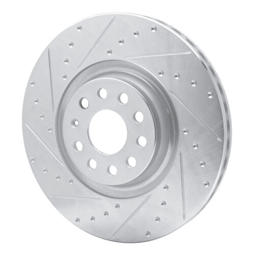 Alternative view of R1 Concepts for 2012-2025 Audi S3 (USA/Canada) Front Left Drilled & Slotted Silver Brake Rotor