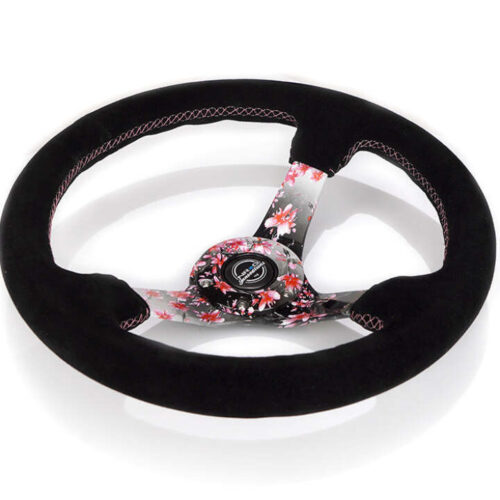 NRG Reinforced Steering Wheel (350mm) 3in Deep Pink Sakura Floral Solid Spoke - Black Suede/Stitch - Image 3