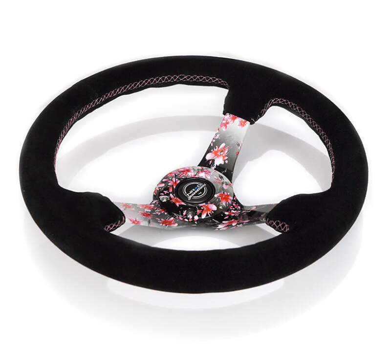 NRG Reinforced Steering Wheel (350mm) 3in Deep Pink Sakura Floral Solid Spoke - Black Suede/Stitch - Image 3