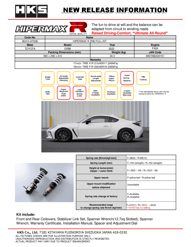 HKS 80310-AT006 Hipermax R ZN8 Full Kit - Image 2