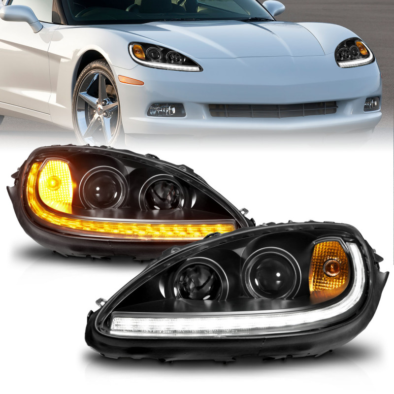 ANZO 05-13 Chevrolet Corvette Projector Headlights w/switchback & Sequential LED - Black Amber - Image 7