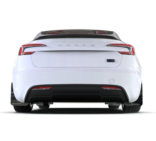 Alternative view of Rally Armor 24-26 Tesla Model 3 Highland Black UR Mud Flap White Logo