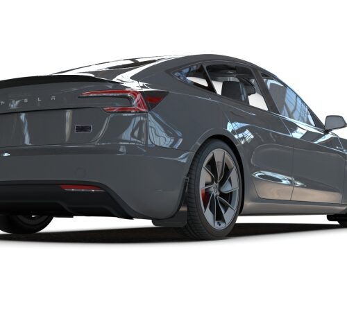 Alternative view of Rally Armor 24-26 Tesla Model 3 Highland Black UR Mud Flap Dark Grey Logo