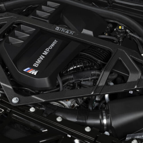 Alternative view of Dinan for 21-27 BMW M2/M3/M4 (G80/G82/G83/G87) Matte Carbon Fiber Strut Tower Brace - Front