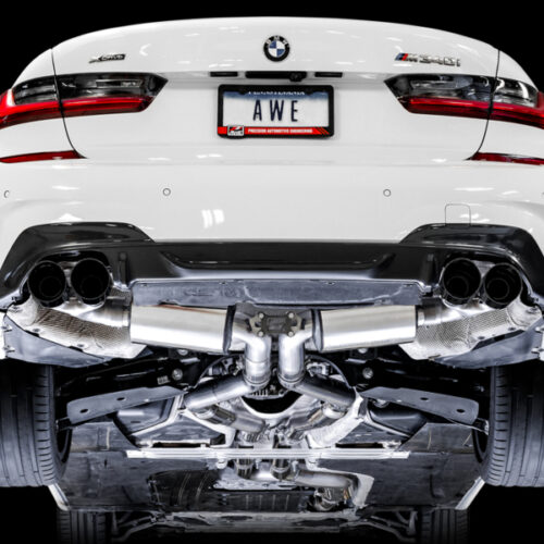 Alternative view of AWE Tuning Touring Edition Exhaust - Quad Diamond Black Tips for 2019+ BMW M340i (G20) Resonated
