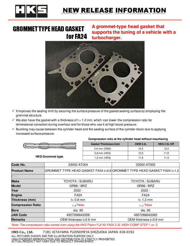 HKS Subaru FA24 1.2mm Thickness 11.3 CR Grommet Type Head Gasket - Image 2