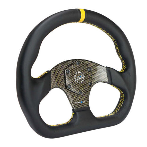 NRG Carbon Fiber Flat Bottom Steering Wheel (320mm) Yellow CF Center w/Yellow Stitch/Yellow Mark