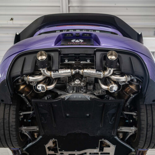 Fabspeed Porsche 718 GT4 RS Valved X-Pipe Cat-Back Exhaust System (2022+) - Brushed Stainless Single Wall Tips - Image 4