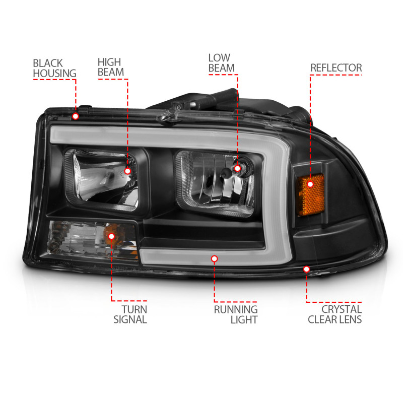 ANZO 97-04 Dodge Dakota/Durango Crystal headlight Set w/ Light Bar Black Housing - Image 10