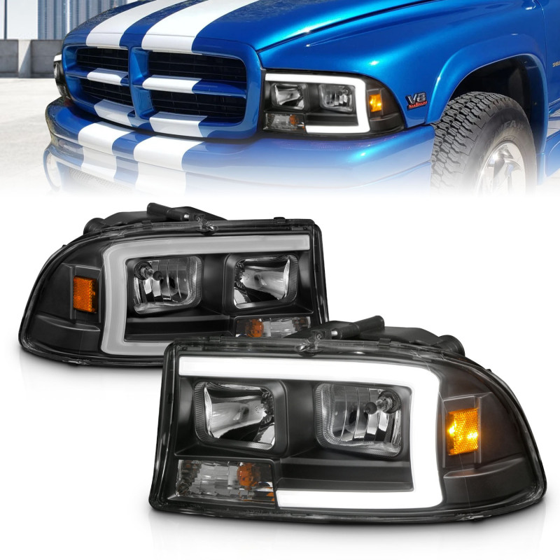 ANZO 97-04 Dodge Dakota/Durango Crystal headlight Set w/ Light Bar Black Housing - Image 7