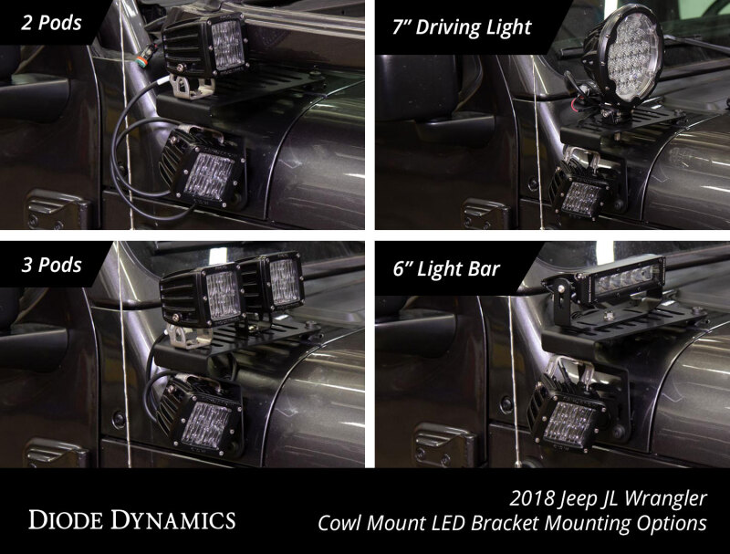 Diode Dynamics 18-21 Jeep JL Wrangler/Gladiator SS6 Cowl LED Bracket Kit - White Driving - Image 3