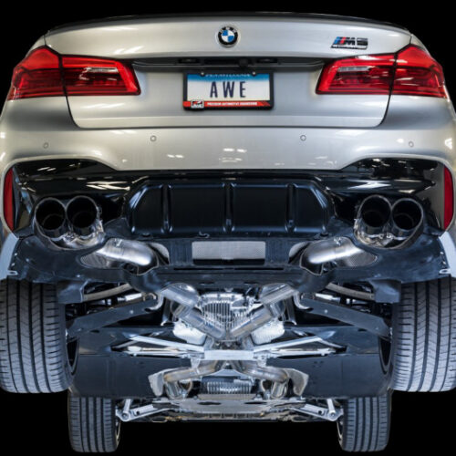 Alternative view of AWE Tuning Cat-Back Exhaust- Black Diamond Tips for 18-19 BMW F90 M5 SwitchPatch