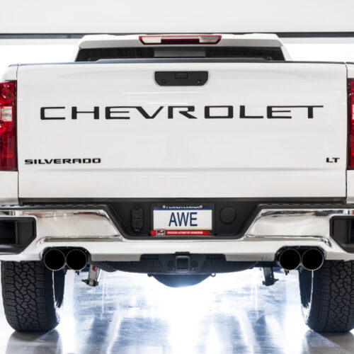 Alternative view of AWE Tuning 4th Gen GM 1500 6.2L 0FG Cat-Back Split Rear Exit (w/ Bumper Cutouts) - Quad Diamond Tips