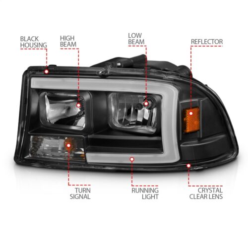 ANZO 97-04 Dodge Dakota/Durango Crystal headlight Set w/ Light Bar Black Housing - Image 4