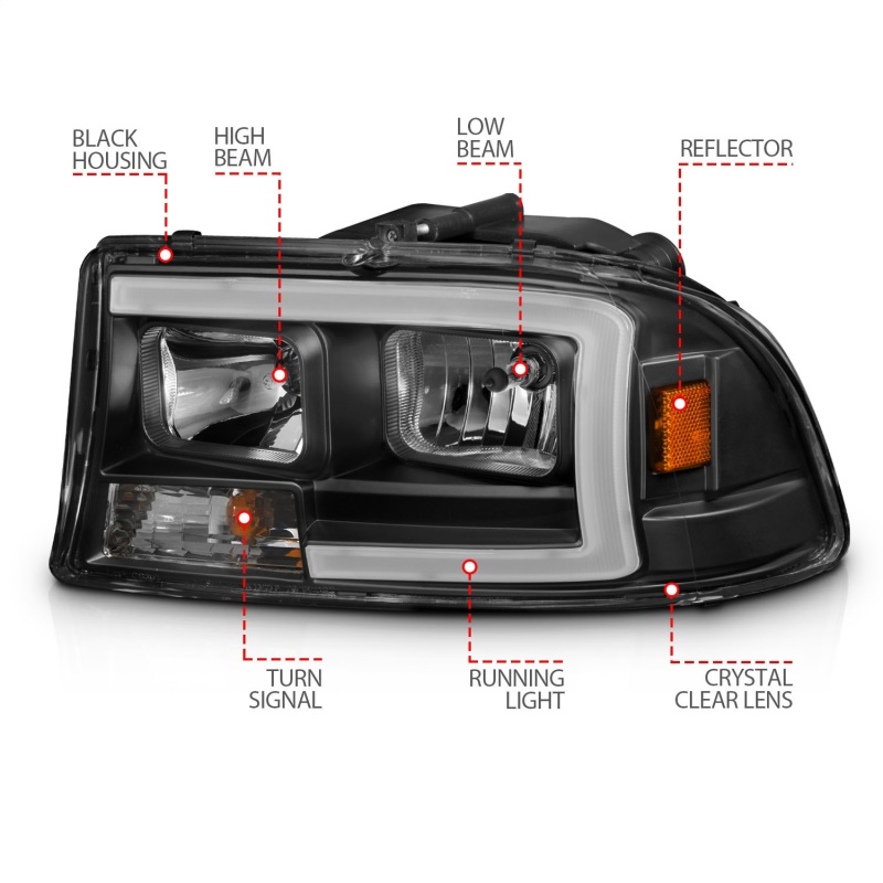 ANZO 97-04 Dodge Dakota/Durango Crystal headlight Set w/ Light Bar Black Housing - Image 4