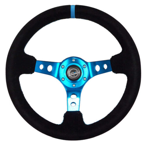 NRG RST-006S-BL Reinforced Steering Wheel (350mm) 3in Deep Blue Spoke W/ Holes - Black Suede Blue Stripe/Stitch