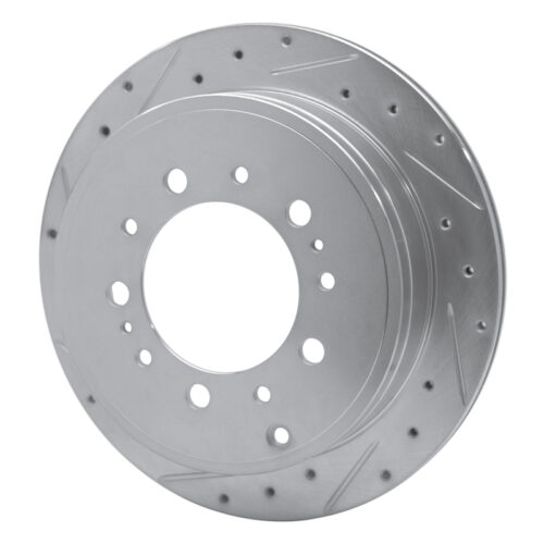 Alternative view of R1 Concepts for 17-21 Toyota Land Cruiser Rear Left Drilled & Slotted Silver Brake Rotor