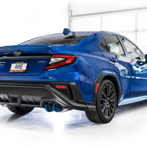 Alternative view of AWE Tuning Track Edition Exhaust - Vapor Blue Tips for 22-26 Subaru WRX