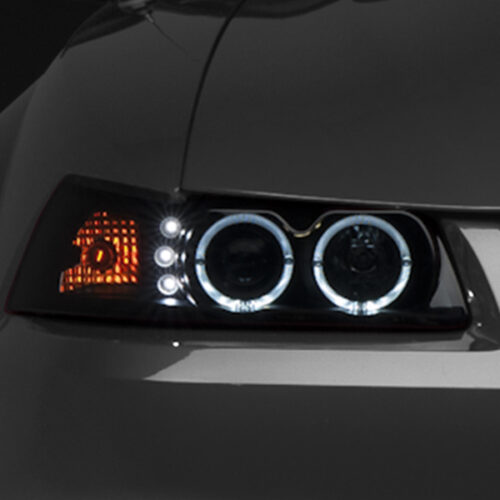 Alternative view of Raxiom for 1999-2004 Ford Mustang Dual LED Halo Projector Headlights- Black Housing (Smoked Lens)