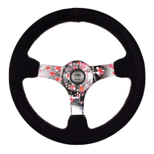NRG Reinforced Steering Wheel (350mm) 3in Deep Pink Sakura Floral Solid Spoke - Black Suede/Stitch