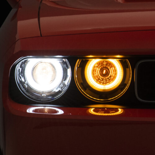 Raxiom for 2008-2014 Dodge Challenger Dual LED Halo Projector Headlights- Black Housing (Clear Lens)
