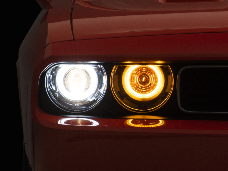 Raxiom for 2008-2014 Dodge Challenger Dual LED Halo Projector Headlights- Black Housing (Clear Lens)