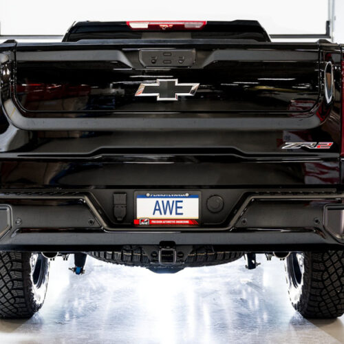 AWE Tuning Tips) for 22-23 GMC Sierra 1500 AT4X 6.2L 0FG Catback Split Dual (Flat Bumper) - Bashguard(No - Image 4