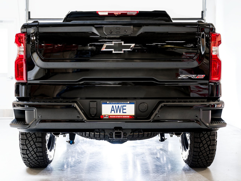 AWE Tuning Tips) for 22-23 GMC Sierra 1500 AT4X 6.2L 0FG Catback Split Dual (Flat Bumper) - Bashguard(No - Image 4