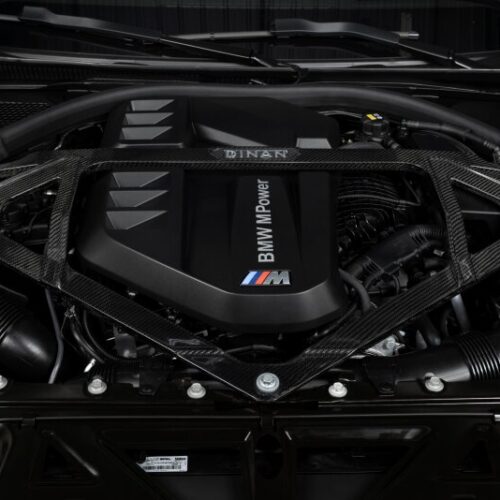 Alternative view of Dinan for 21-27 BMW M2/M3/M4 (G80/G82/G83/G87) Gloss Carbon Fiber Strut Tower Brace - Front