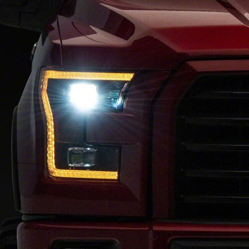 Raxiom for 2015-2017 Ford F-150 LED Projector Headlights with LED Amber DRL- Black Housing- Clear Lens