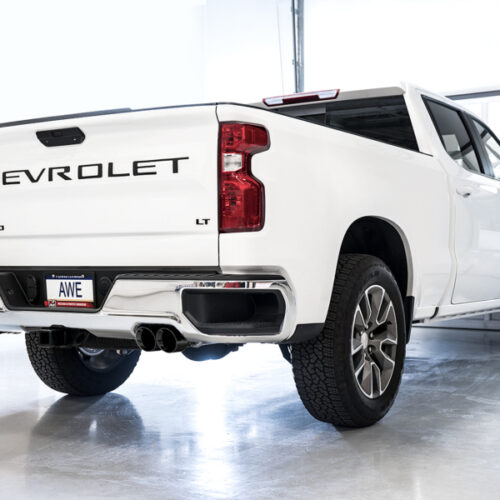 Alternative view of AWE Tuning 4th Gen GM 1500 5.3L 0FG Cat-Back Split Rear Exit (w/ Bumper Cutouts) - Quad Diamond Tips