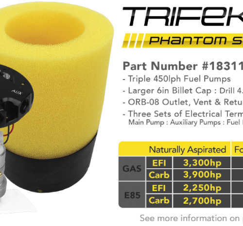 Alternative view of Aeromotive Fuel Pump - Phantom Trifekta Universal In-Tank - 450lph - 6-10in Depth