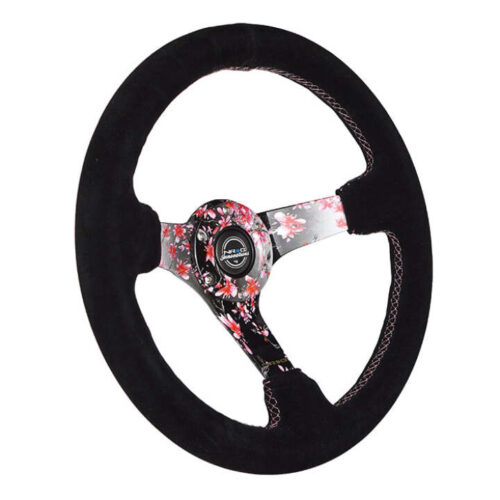 Alternative view of NRG Reinforced Steering Wheel (350mm) 3in Deep Pink Sakura Floral Solid Spoke - Black Suede/Stitch