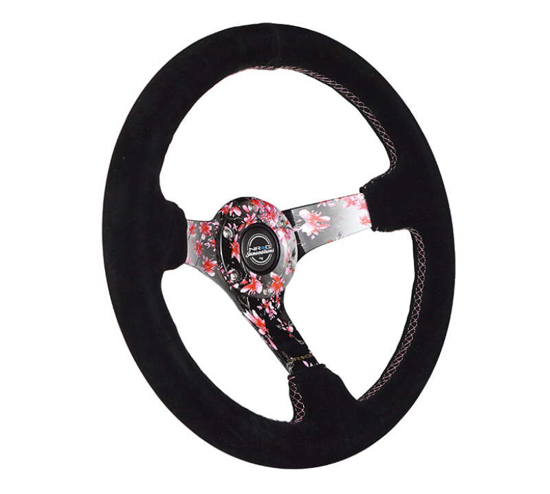NRG Reinforced Steering Wheel (350mm) 3in Deep Pink Sakura Floral Solid Spoke - Black Suede/Stitch - Image 2