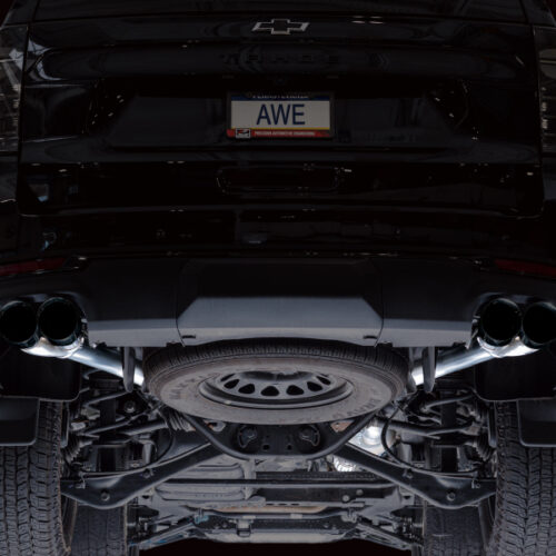 Alternative view of AWE Tuning 2021+ GMC Tahoe/Yukon 5.3L 0FG Split Rear Exit Catback Exhaust - Quad Diamond Blk Tips