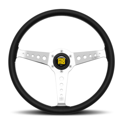 Momo CAL36BK2S California Steering Wheel 360 mm - Black Leather/White Stitch/Polished Spokes