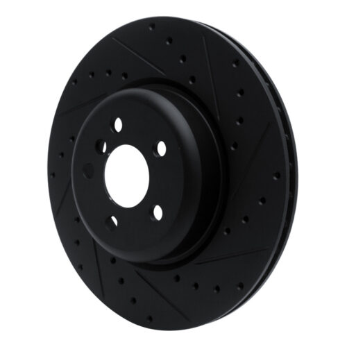 Alternative view of R1 Concepts for 16-25 BMW 330e Rear Right Drilled & Slotted Black Brake Rotor