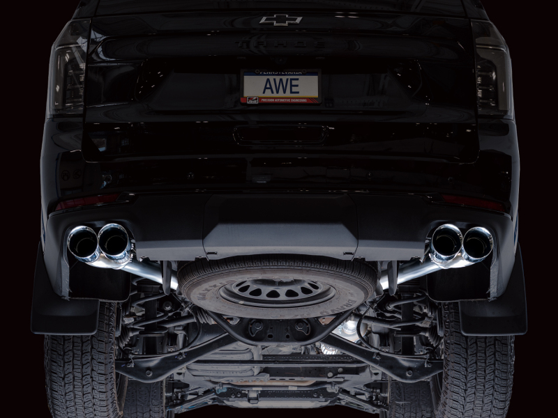 AWE Tuning 2021+ GMC Tahoe/Yukon 5.3L 0FG Split Rear Exit Catback Exhaust - Quad Chrome Silver Tips - Image 2